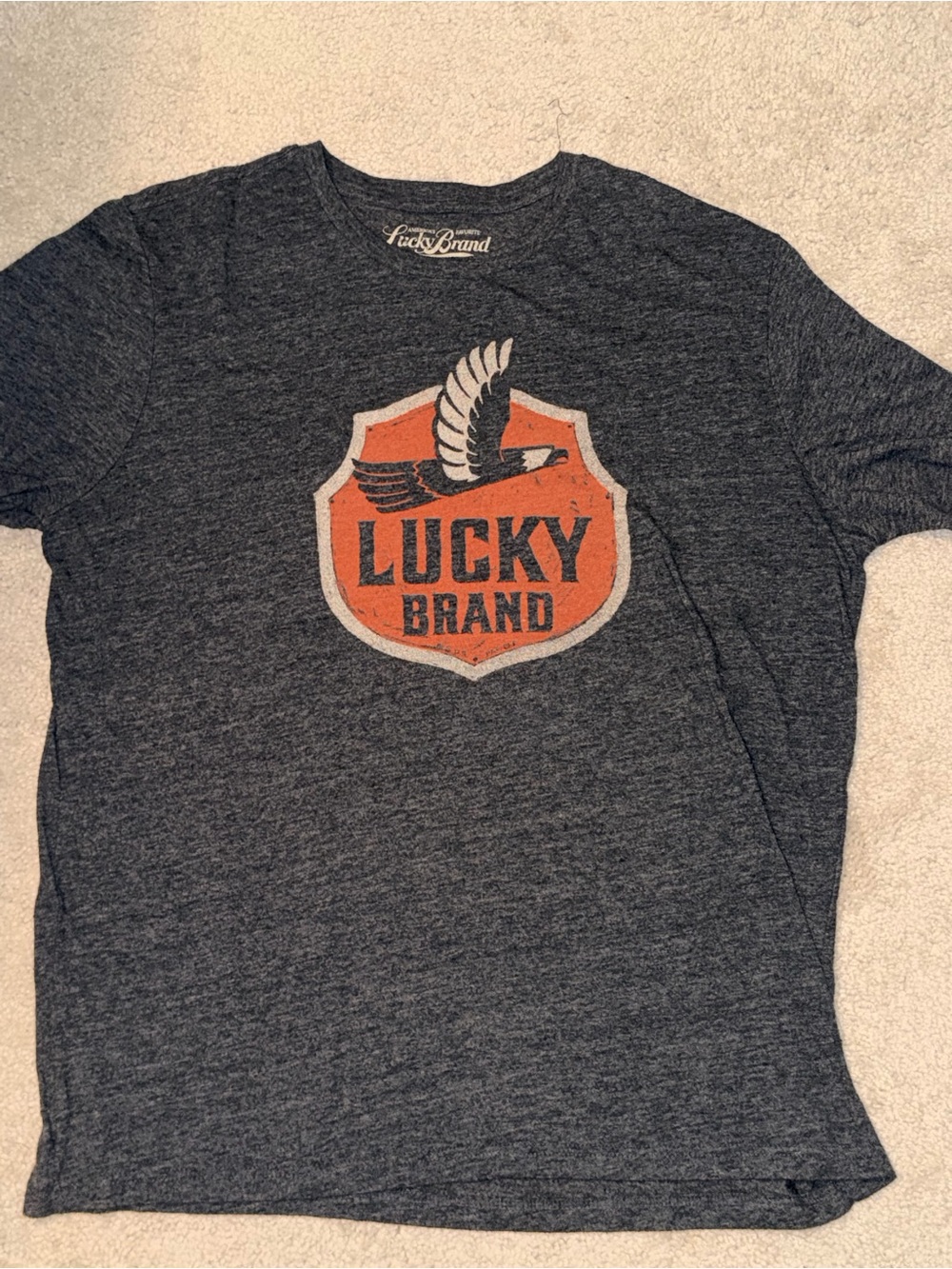 Lucky Brand Dark Gray Heather Tee with Orange Shield Graphic